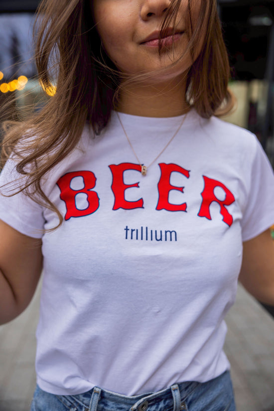 White t-shirt with "beer" writeen out in red